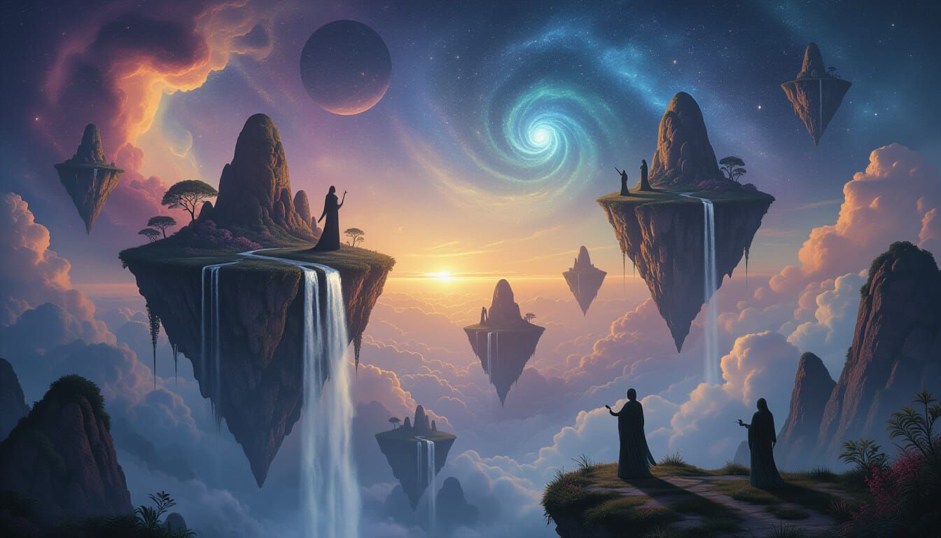 Cosmic Dreamscape of Floating Islands with Ancient Gods