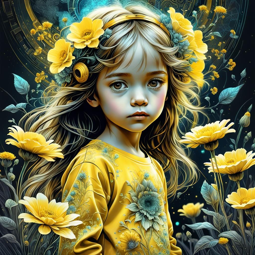 Child Picking Yellow Flowers in Monochrome Art