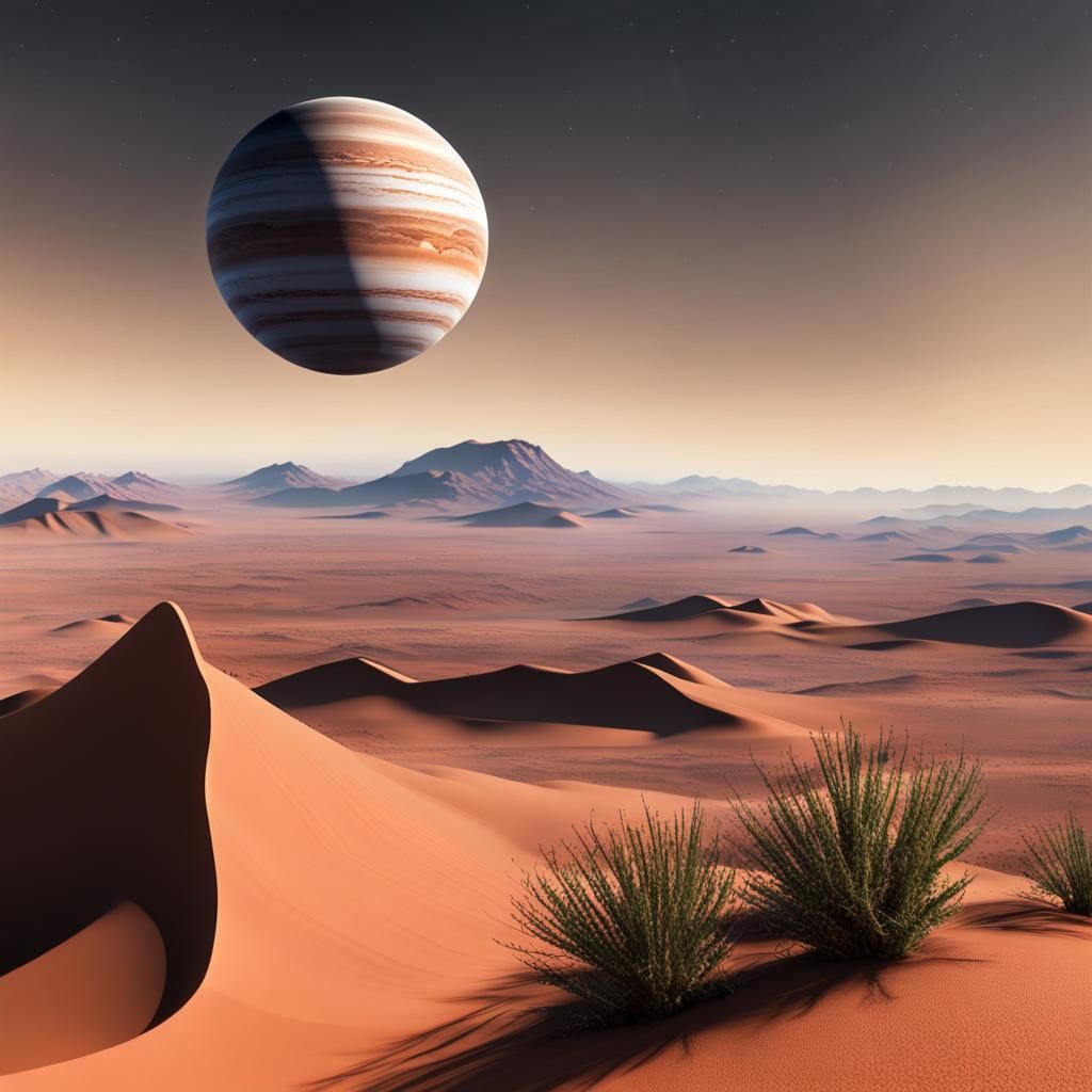 Desert Mountain Landscape with Ringed Planet