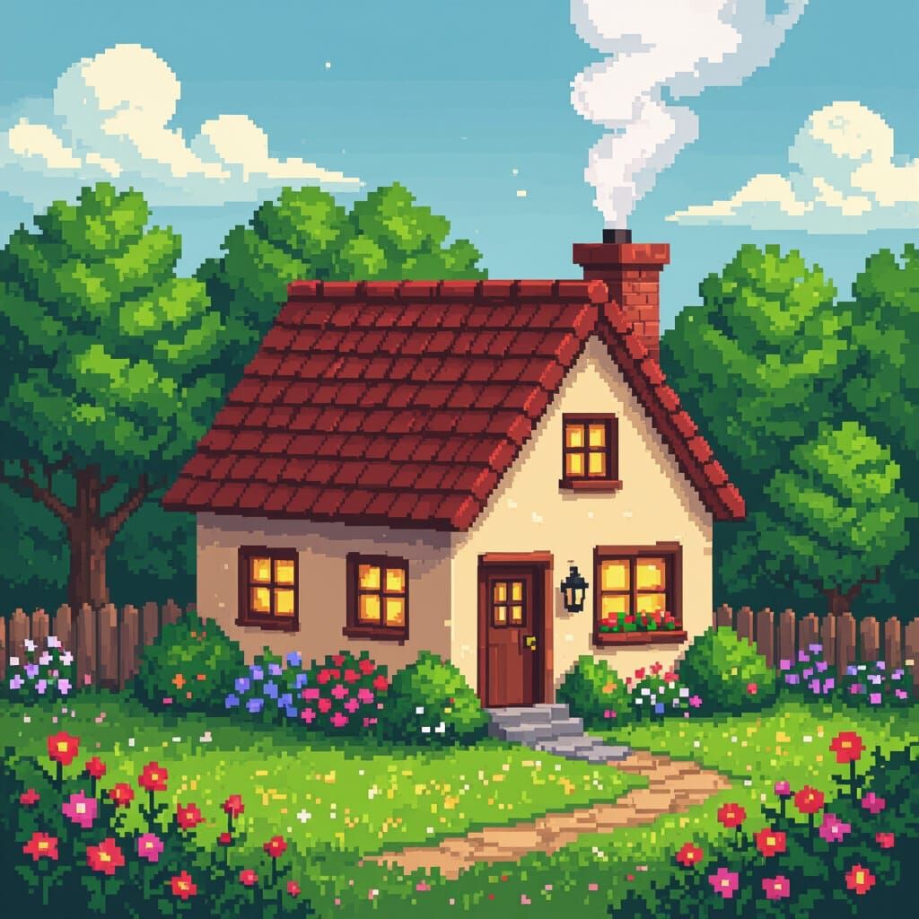 Charming Pixel Art Home Surrounded by Flowers