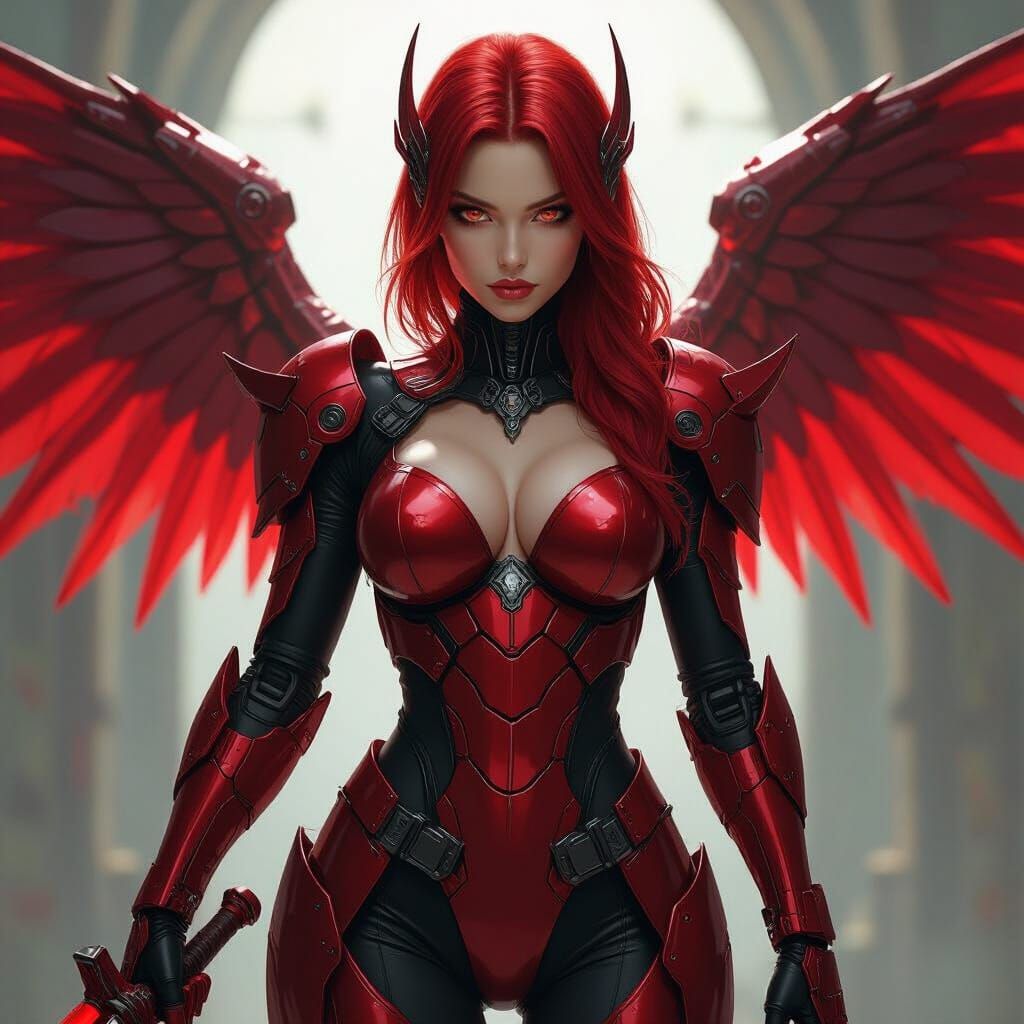 Woman in Red Mech Suit with Mech Sword