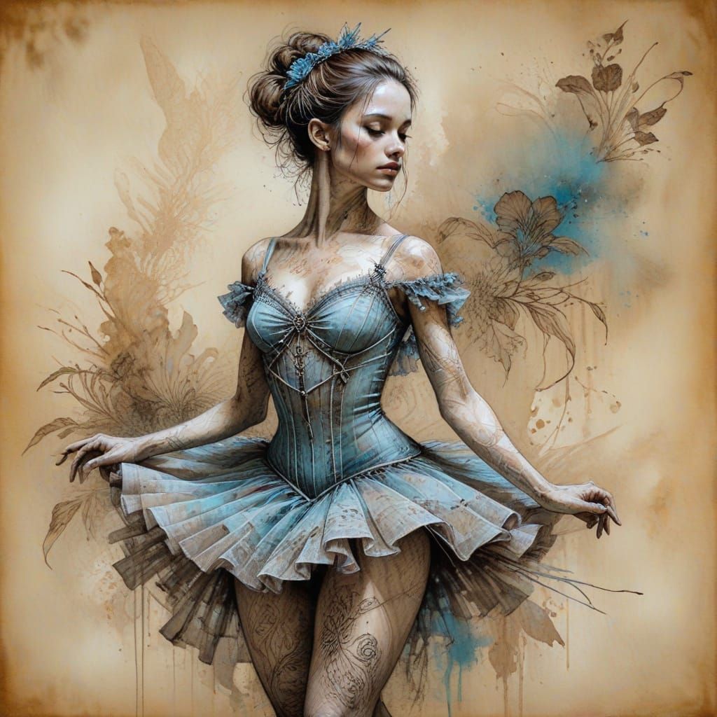 Ballerina Portrait in Ink Drawing Style with Intricate Detai...