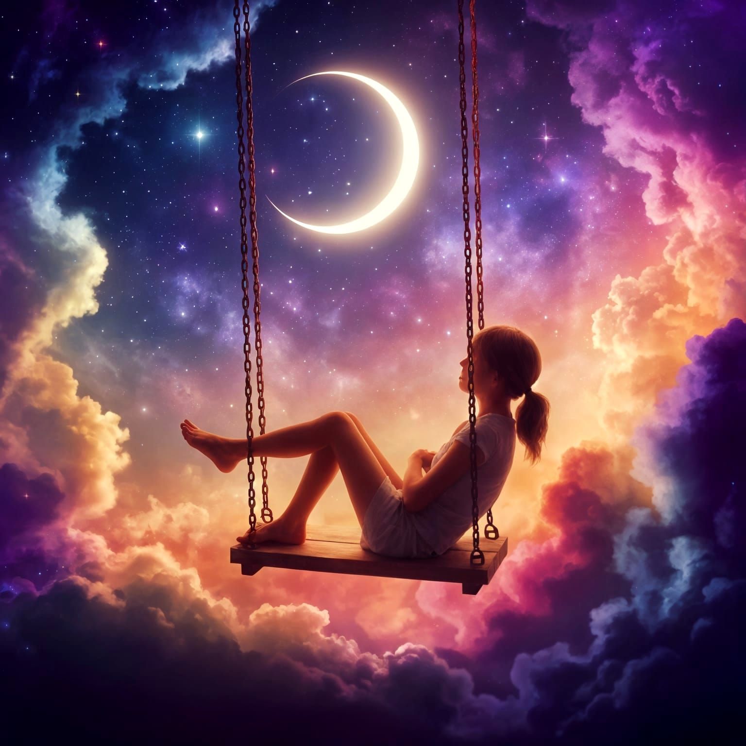 Surreal Night Sky Scene with Young Girl on Swinging Bench in...