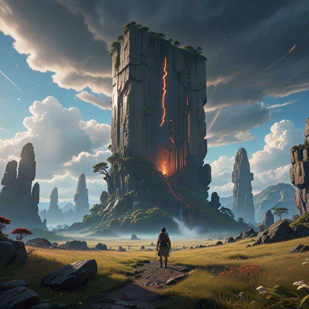 Explorer on Alien Planet with Ancient Monolith