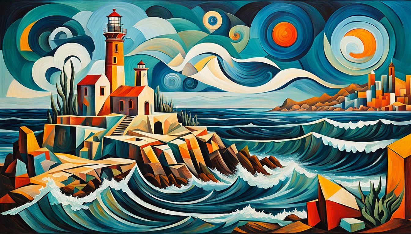 Atlantis in Cubist Style with Lighthouse