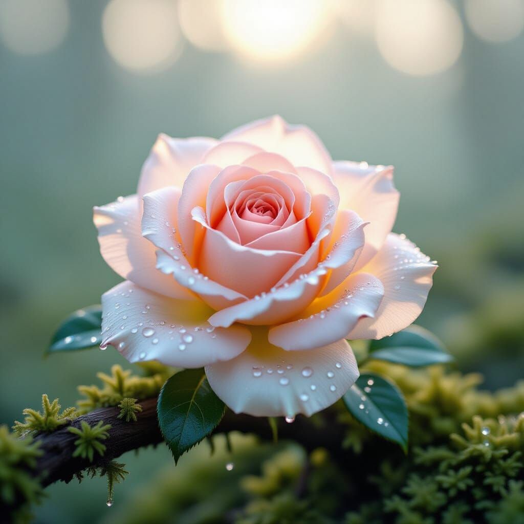 Ethereal Spider Silk Rose with Dew Drops in Mystical Forest