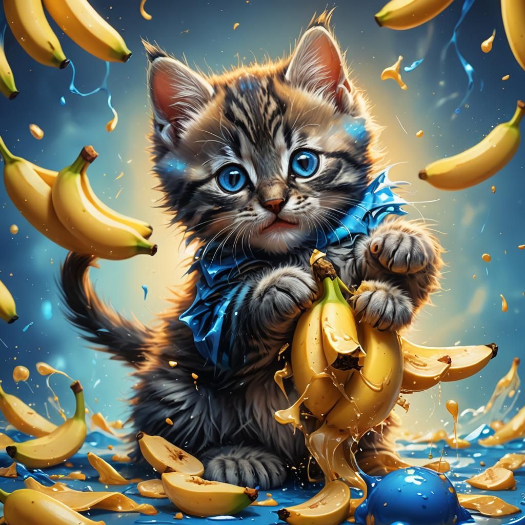Kitten and Banana in Whimsical Digital Painting