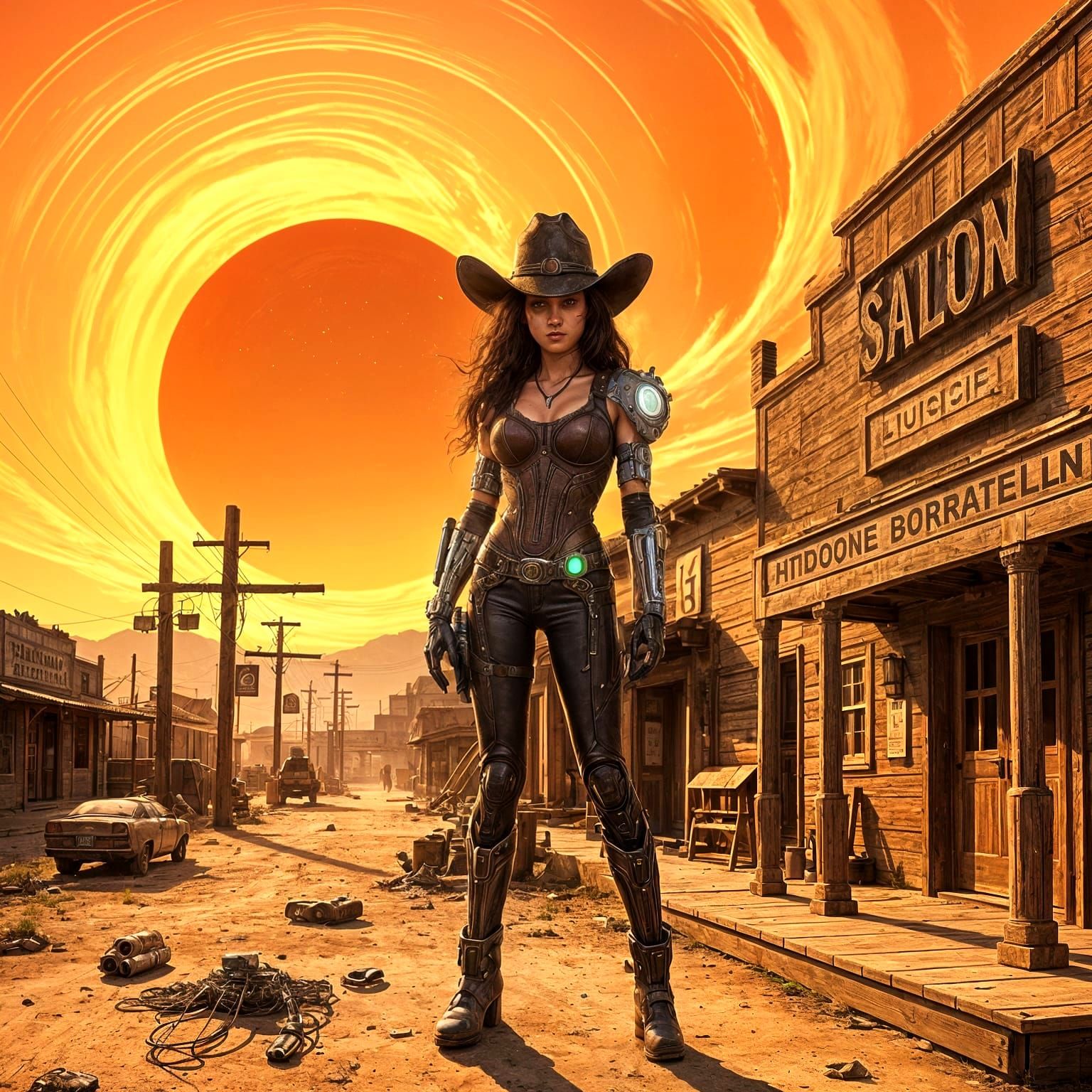 Cyberpunk Cowgirl at Alien Sunset
