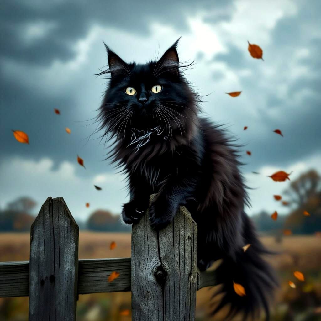 Fluffy Cat Clings to Fence Post in Storm