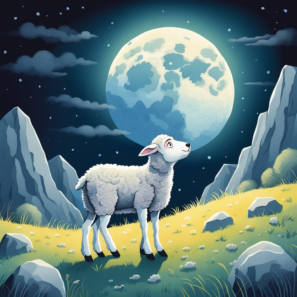 Scared Lamb Listens to Wolf Howl: Cartoon Illustration