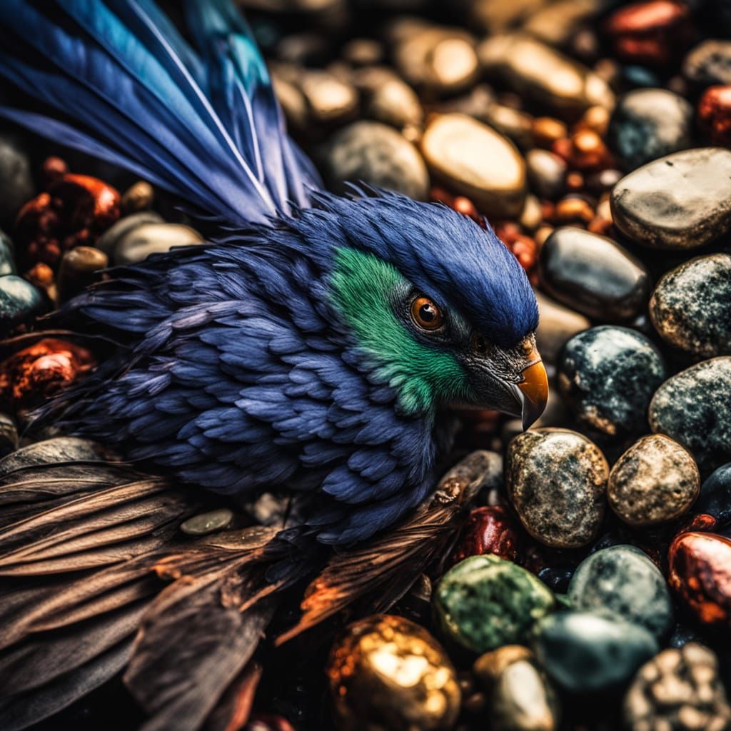 Woman with Feathers and Stones: Hyper-Realistic Digital Art