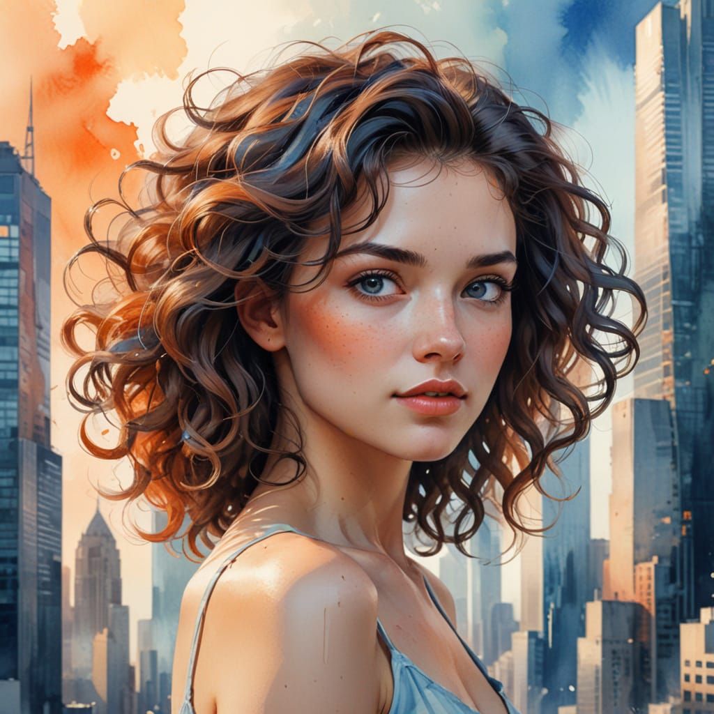 Woman with Cityscape Hair in Watercolor Style