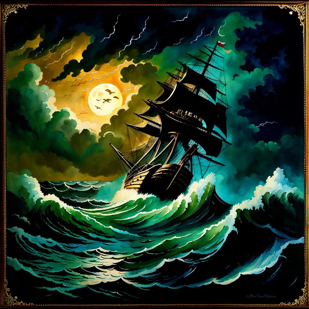 Dramatic Stormy Ocean Scene in Watercolor Style