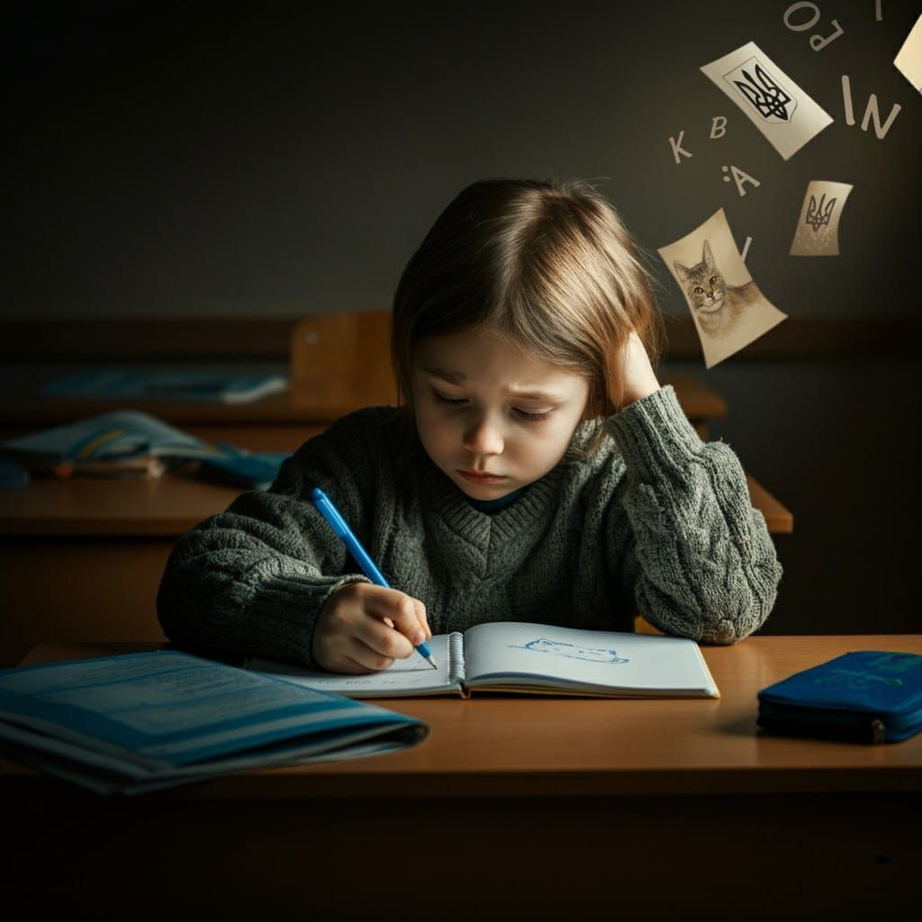 Introspective Refugee Child in School, Emotive Portrait