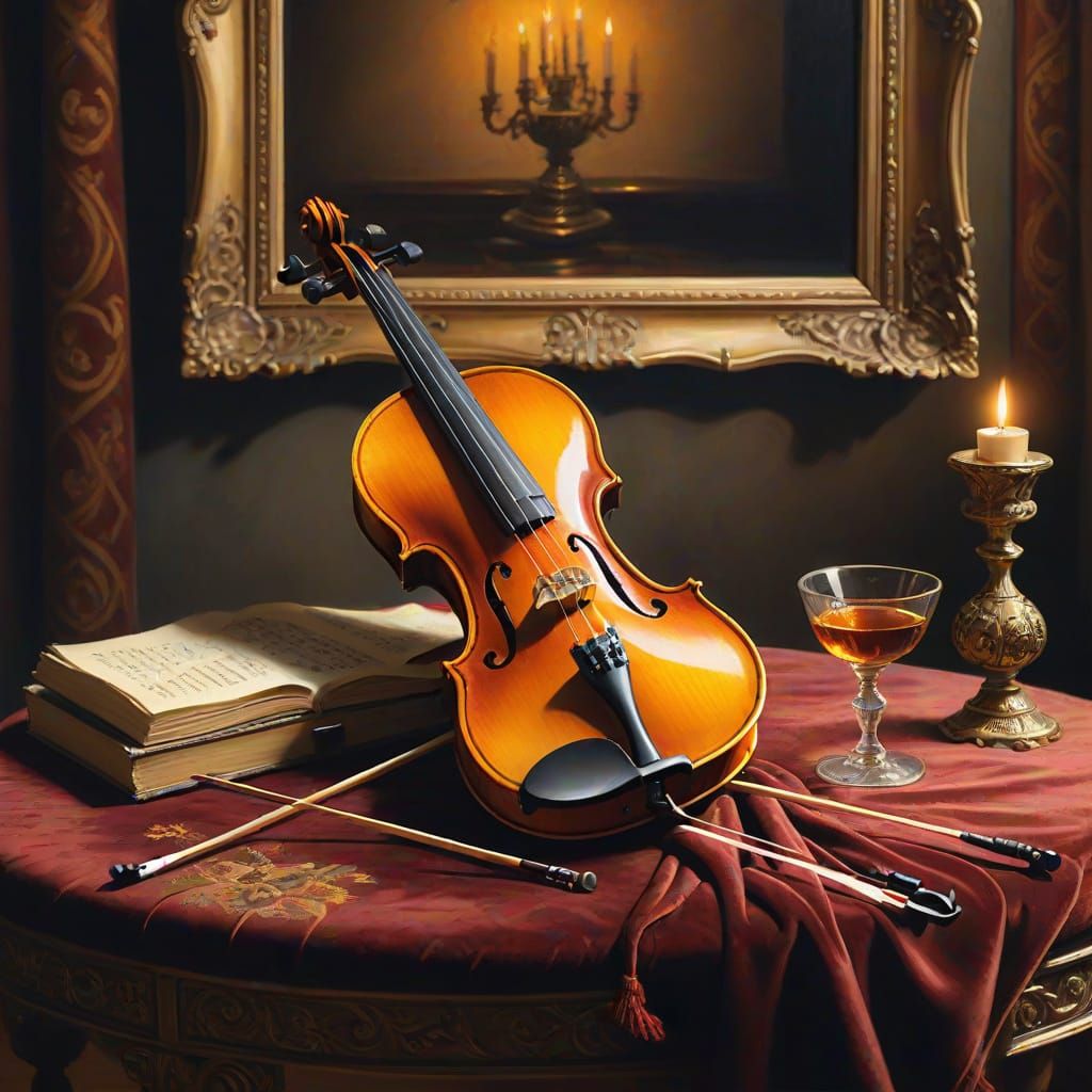 Elegant Oil Painting of a Classic Violin on Velvet