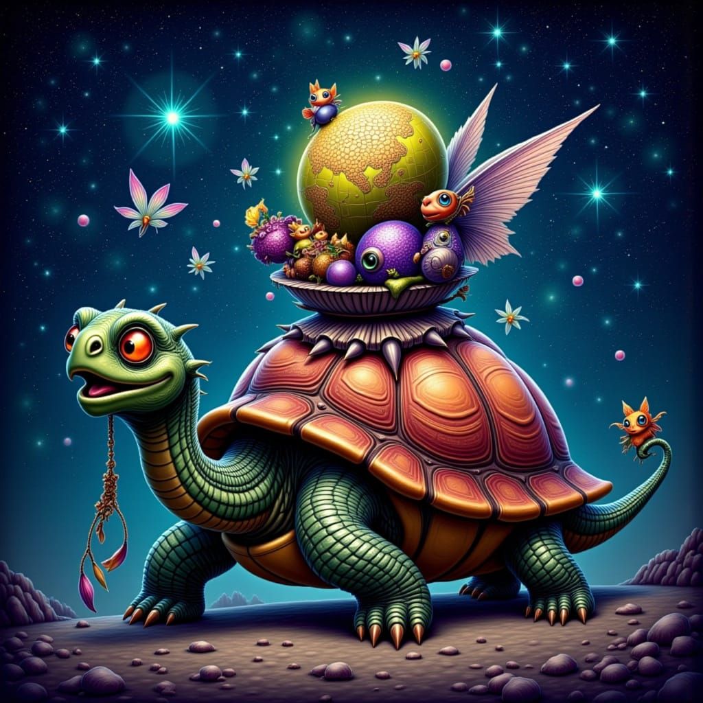 Whimsical Celestial Tortoise in Dreamy Cosmic Landscape
