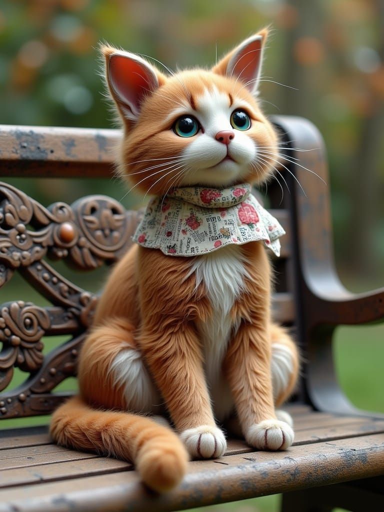 Ragdoll Cat on Park Bench in Newspaper Print Style