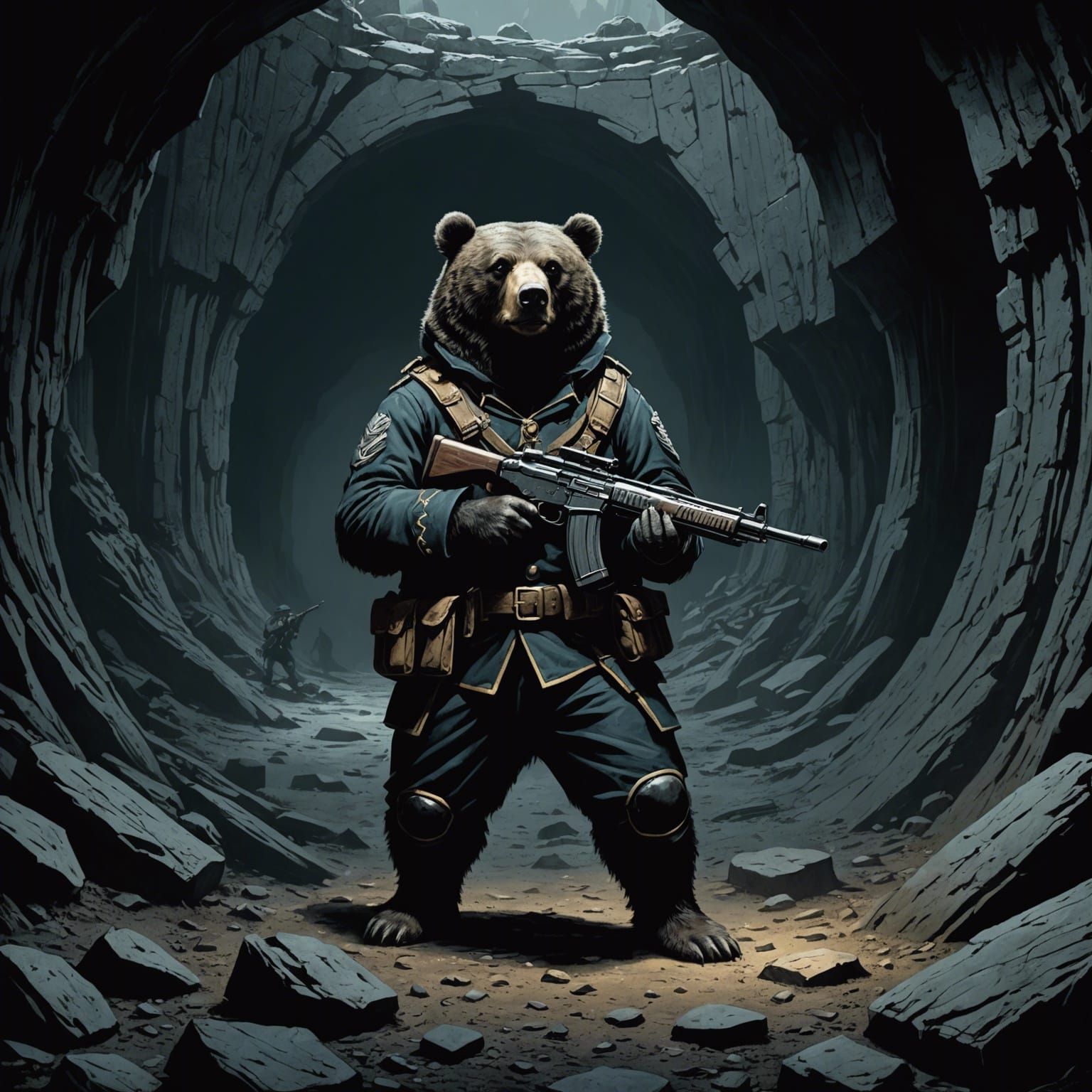 Bear Soldier Guarding Cave Entrance in Dark Style