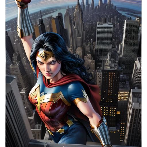 Giant Superheroine Leans on Empire State, Comic Art