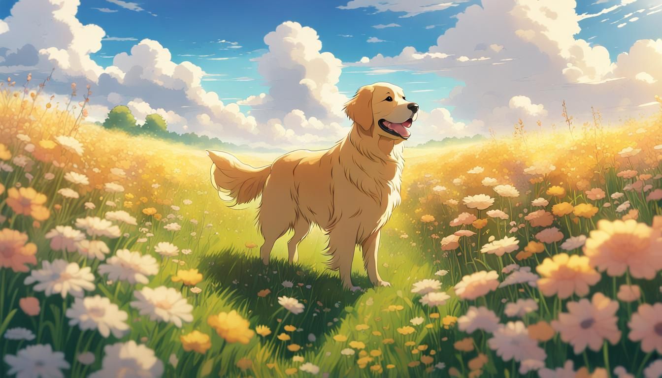 Happy Golden Retriever in Ghibli Anime Style