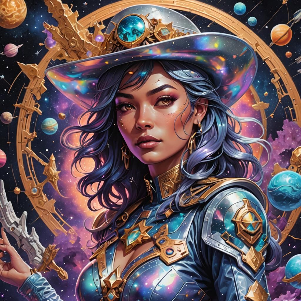 Cosmic Space Cowgirl in Holographic Astral Art