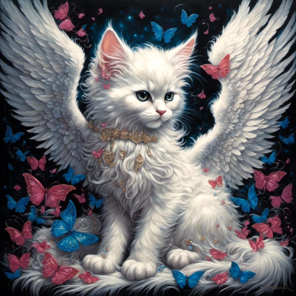 Angel Surrounded by Fluffy Kittens in Dark Fantasy Style