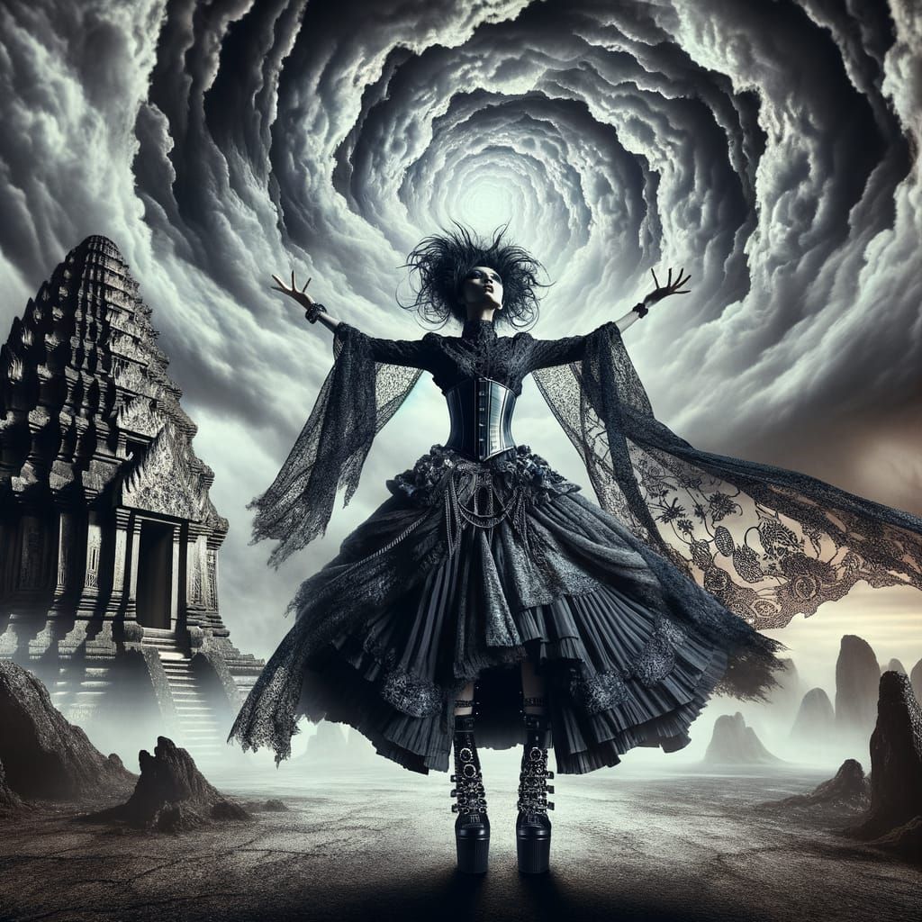 Gothic Goddess Influences Stormy Vortex in Surreal Landscape