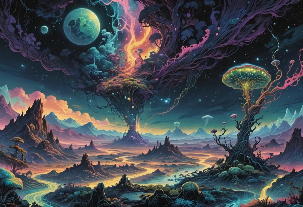 Surreal Alien Landscape in Comic Book Art Style