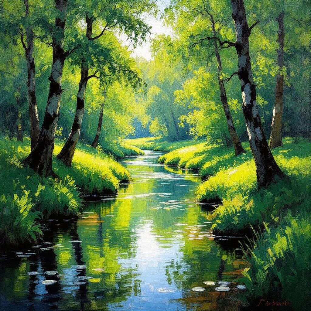 Impressionist Forest Clearing with Sunlit Stream Painting