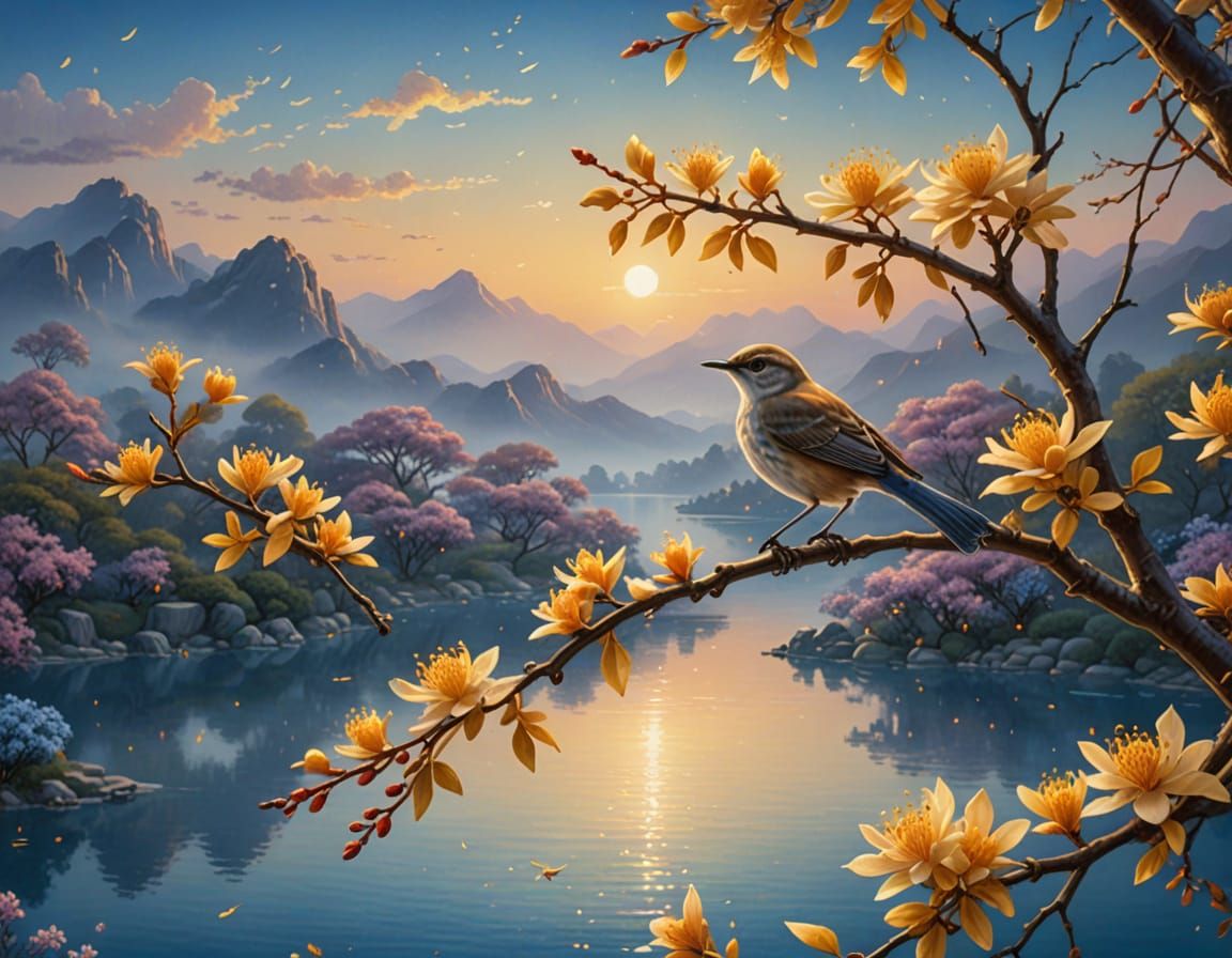 Nightingale on Osmanthus Branch at Sapphire Lake