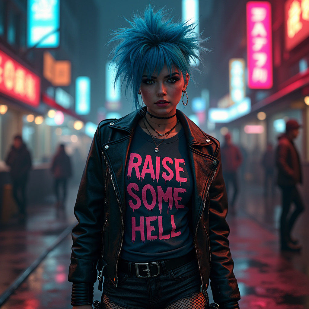 Punk Rock Girl in Dystopian Cityscape