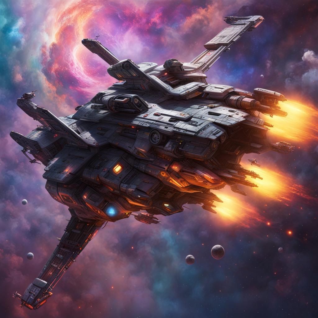 Detailed Gunship Starship in Space Nebula