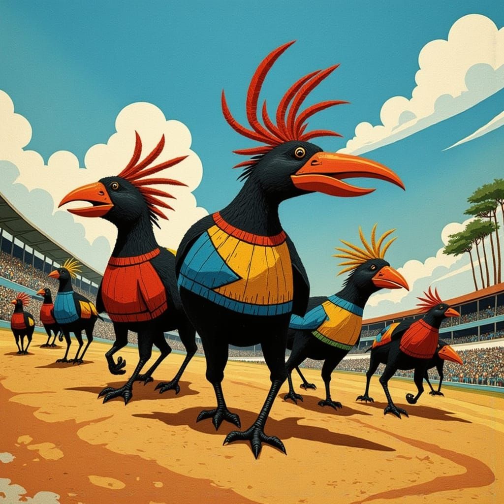 Giant Birds Race on Sunny Racetrack Illustration