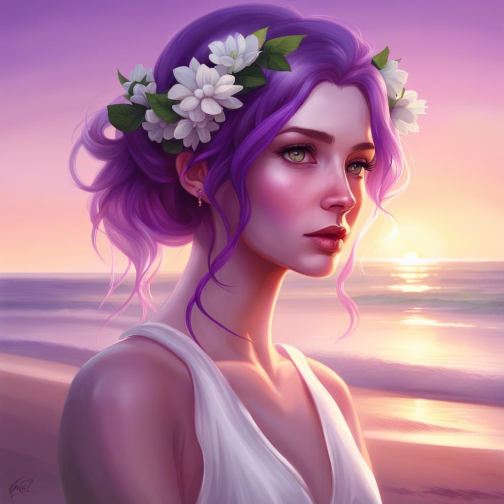 Purple Haired Girl Portrait at Sunset, Detailed Art