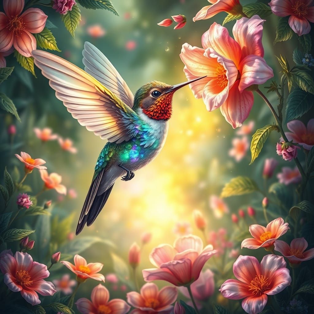 Gemstone Hummingbird Sipping Nectar in Lush Garden