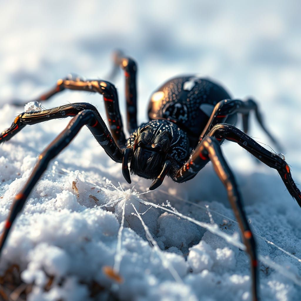 Vibrant Black Widow Spider in Frosty Snowy Landscape