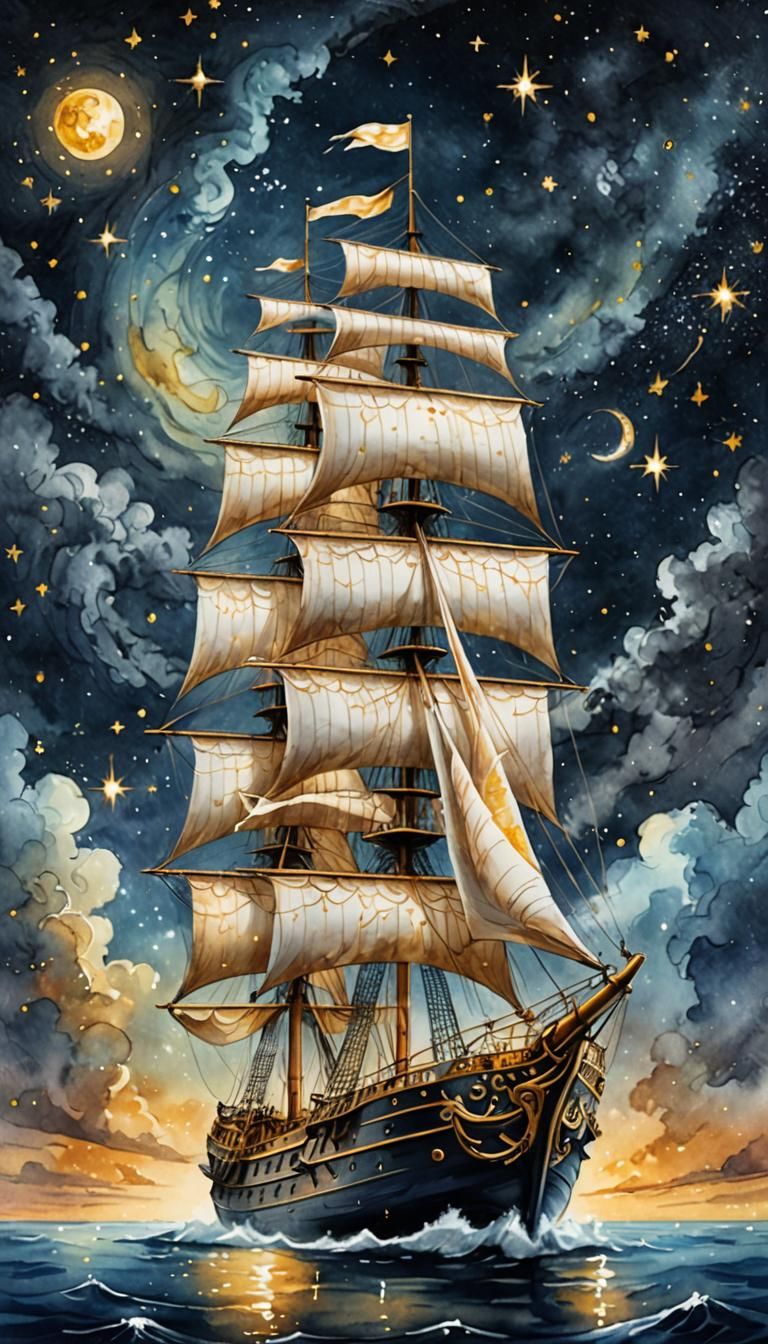 Winged Sailing Ship Under Starry Sky: Watercolor Style