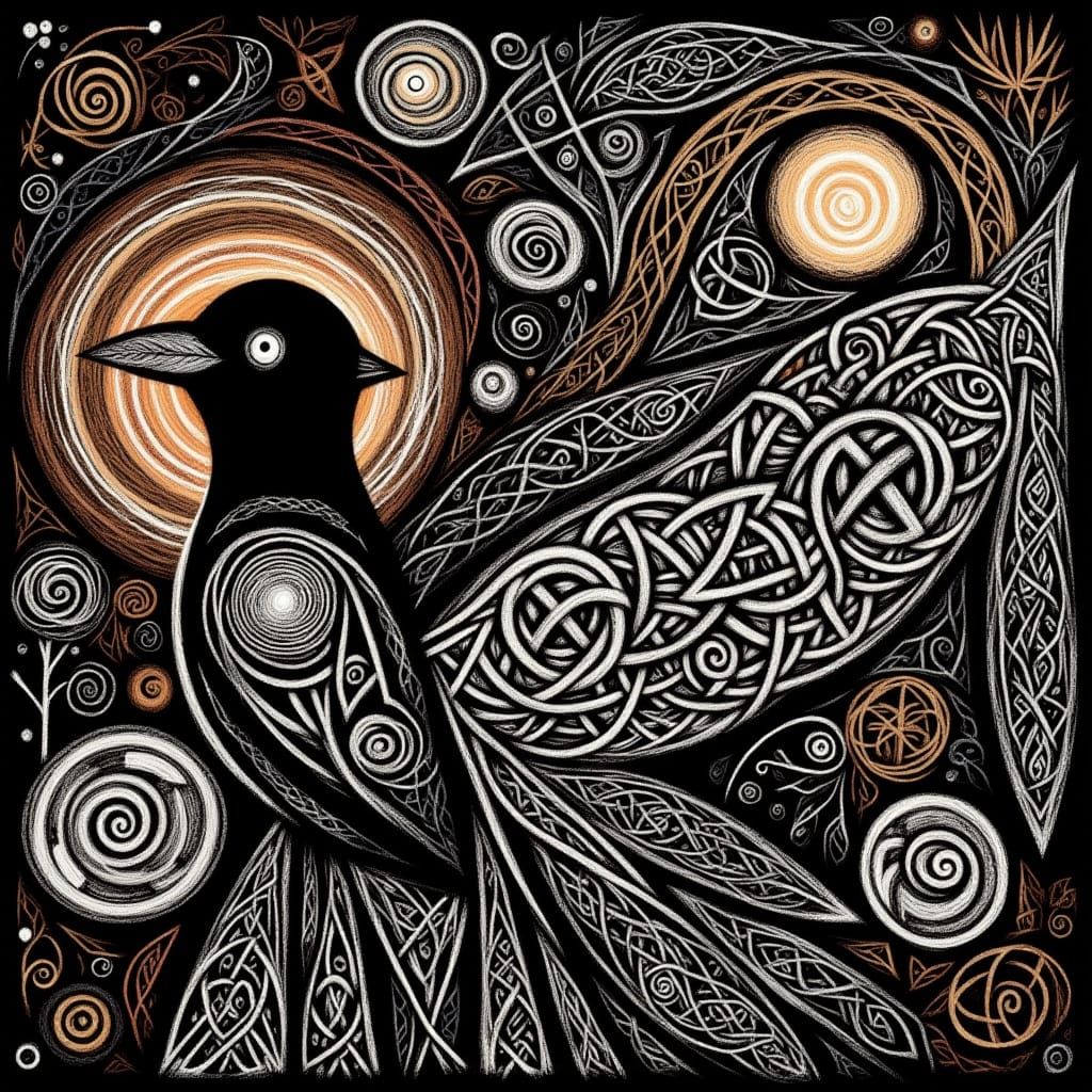 Geometric Raven Portrait in Paul Klee Mosaic Style