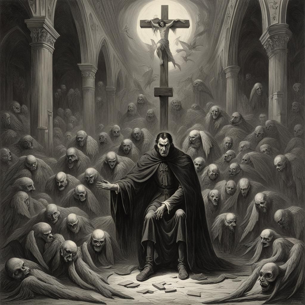 Dracula Under Broken Cross with Fallen Angels