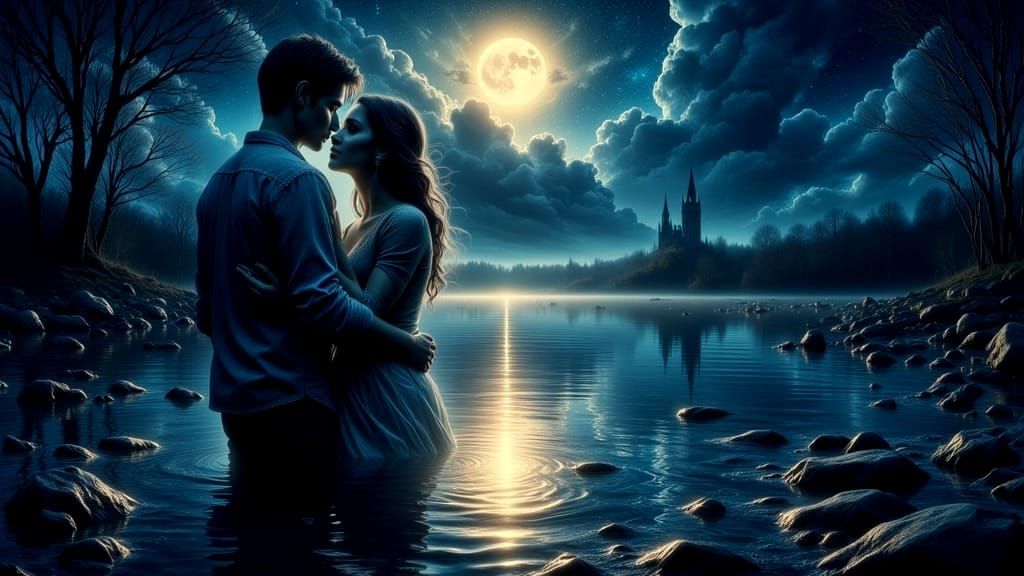 Romantic Starlit Moment by a Glowing River