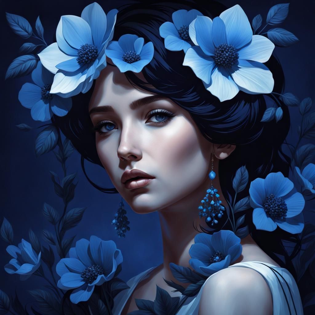 Monochromatic Portrait of a Girl with Flowers