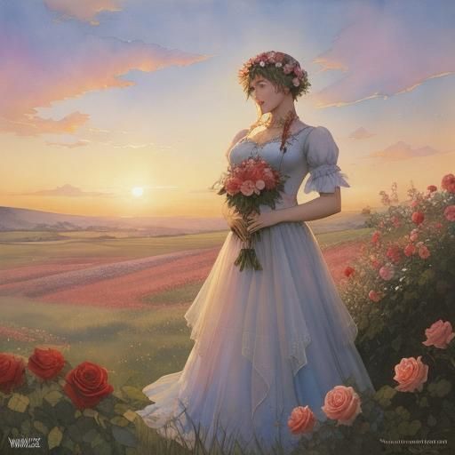 Watercolor Meadow at Dawn in Comic Book Style