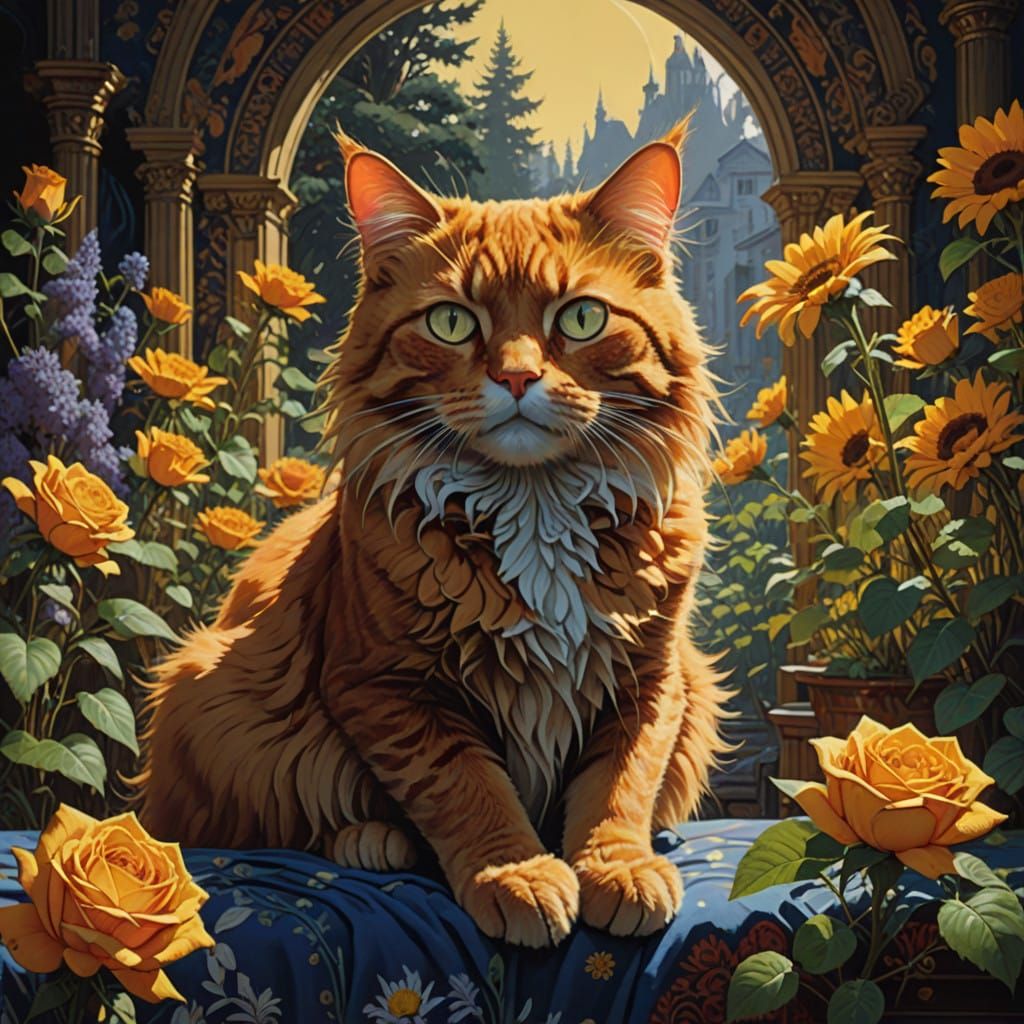 Regal Orange Cat Peeks from Floral Tapestry in Vibrant, Cine...