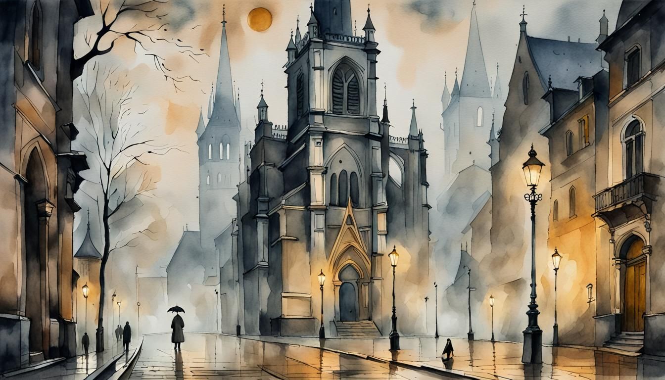 Gloomy Cathedral on Foggy Evening: Dark Watercolor Art