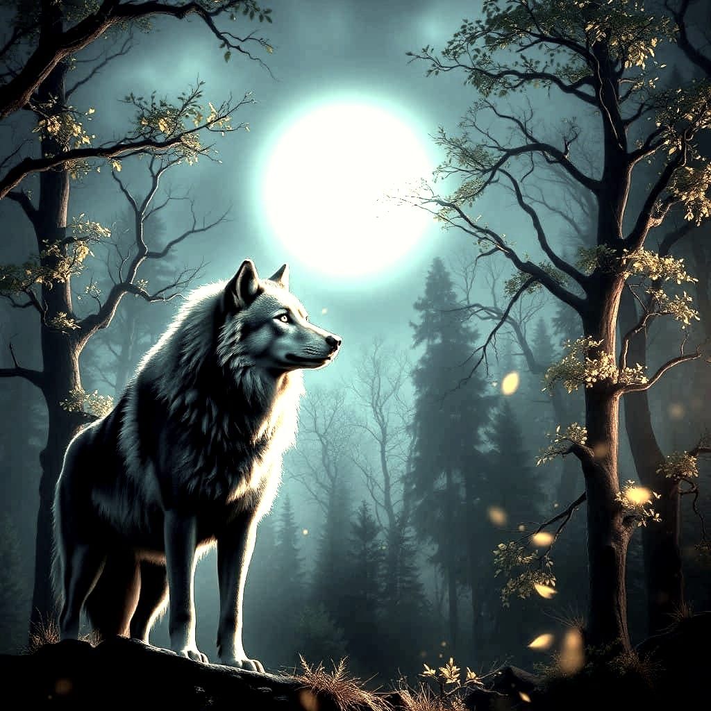 Wolf Contemplates the Moonlit Forest in Ethereal Detail