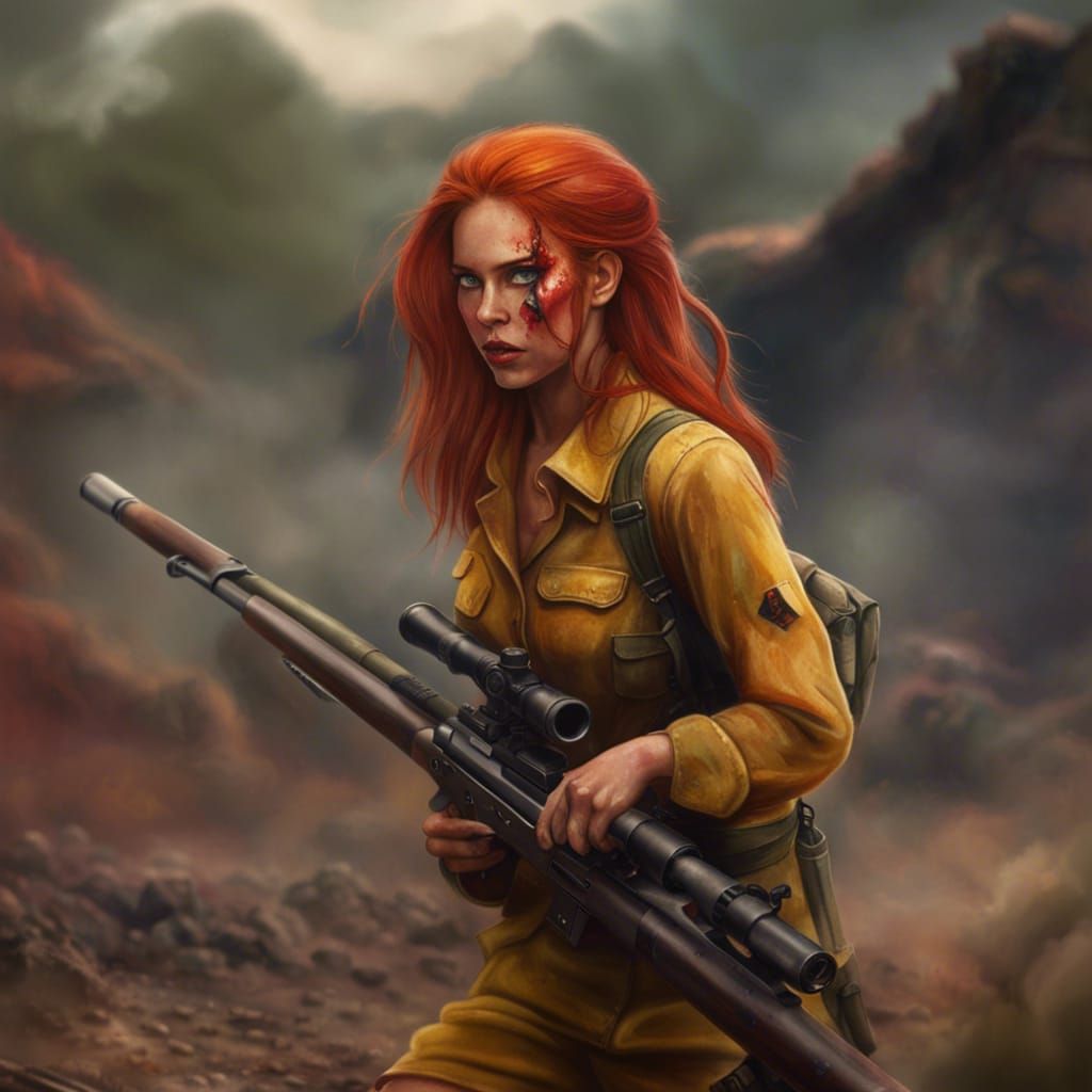 Red-Haired Sniper in WWII Landscape