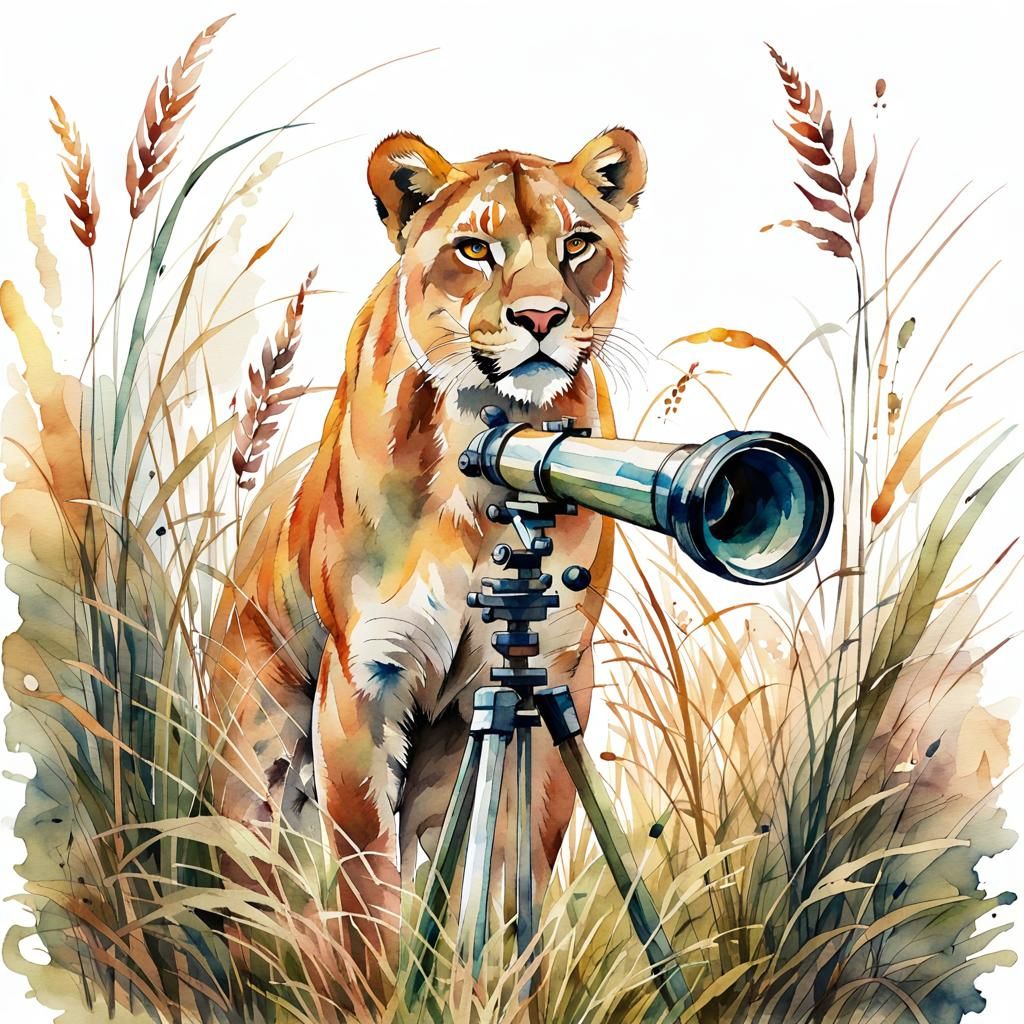 Lioness Gazing Through Telescope, Watercolor Clipart