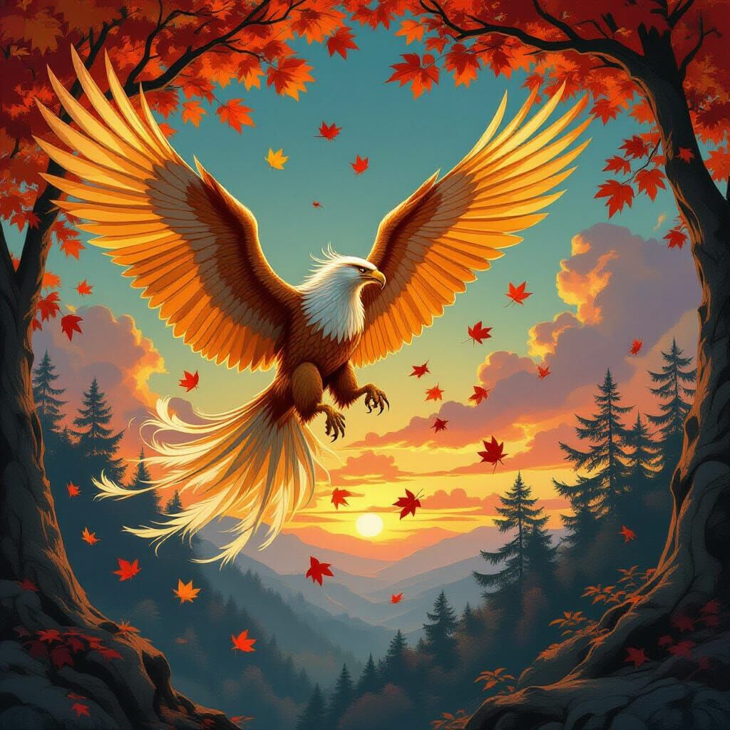 Majestic Griffin Soars Through Twilight Sky in Art Nouveau S...