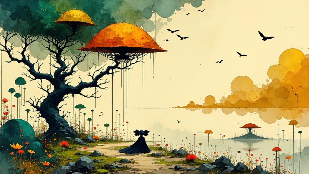 Whimsical Dreamlike Illustration in Earthy Tones