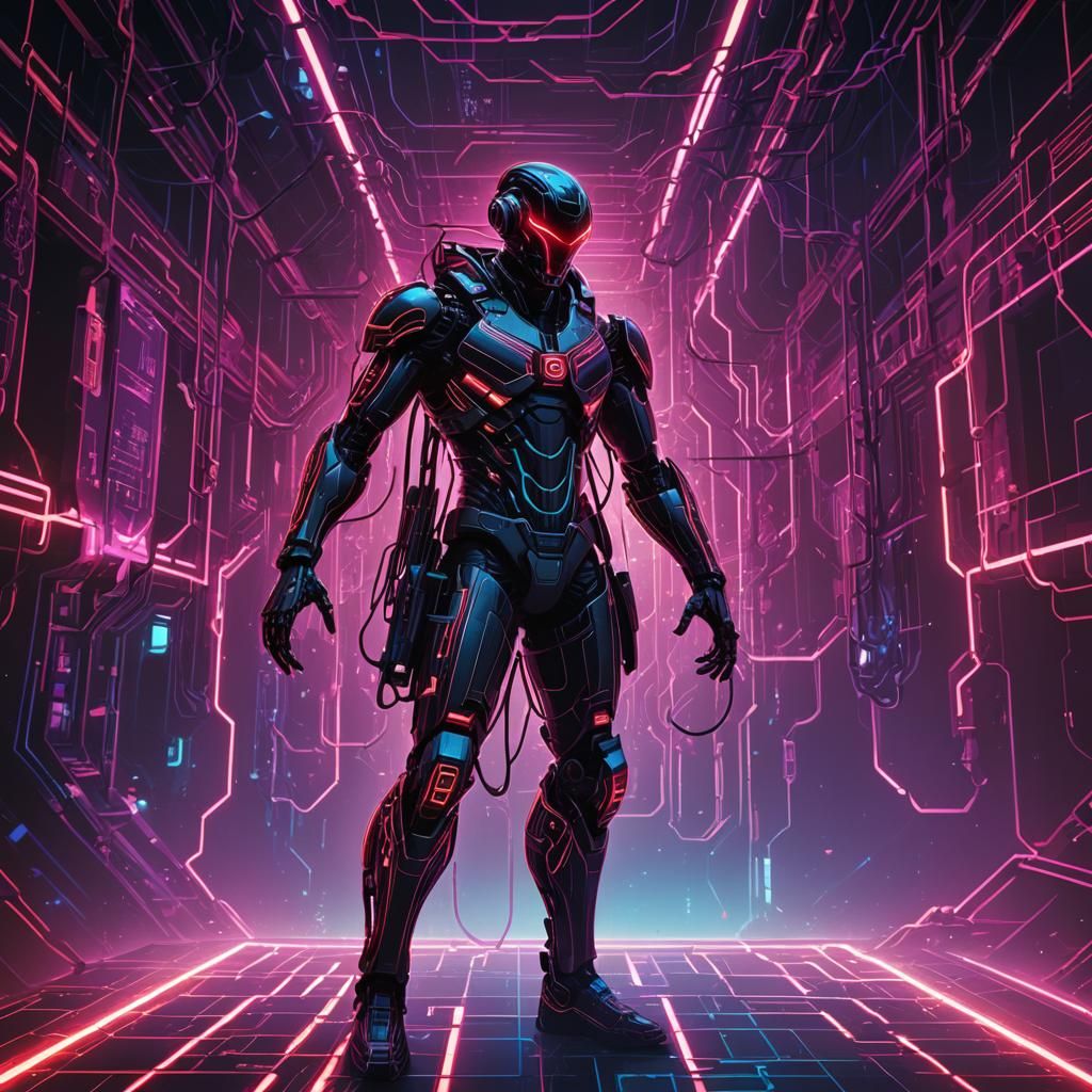 Cyberpunk Figure Trapped in Digital Venus Realm